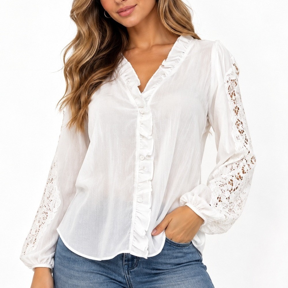 Chic Me Women White Blouse L Lace Sleeve Button Front Romantic Boho Top WX061